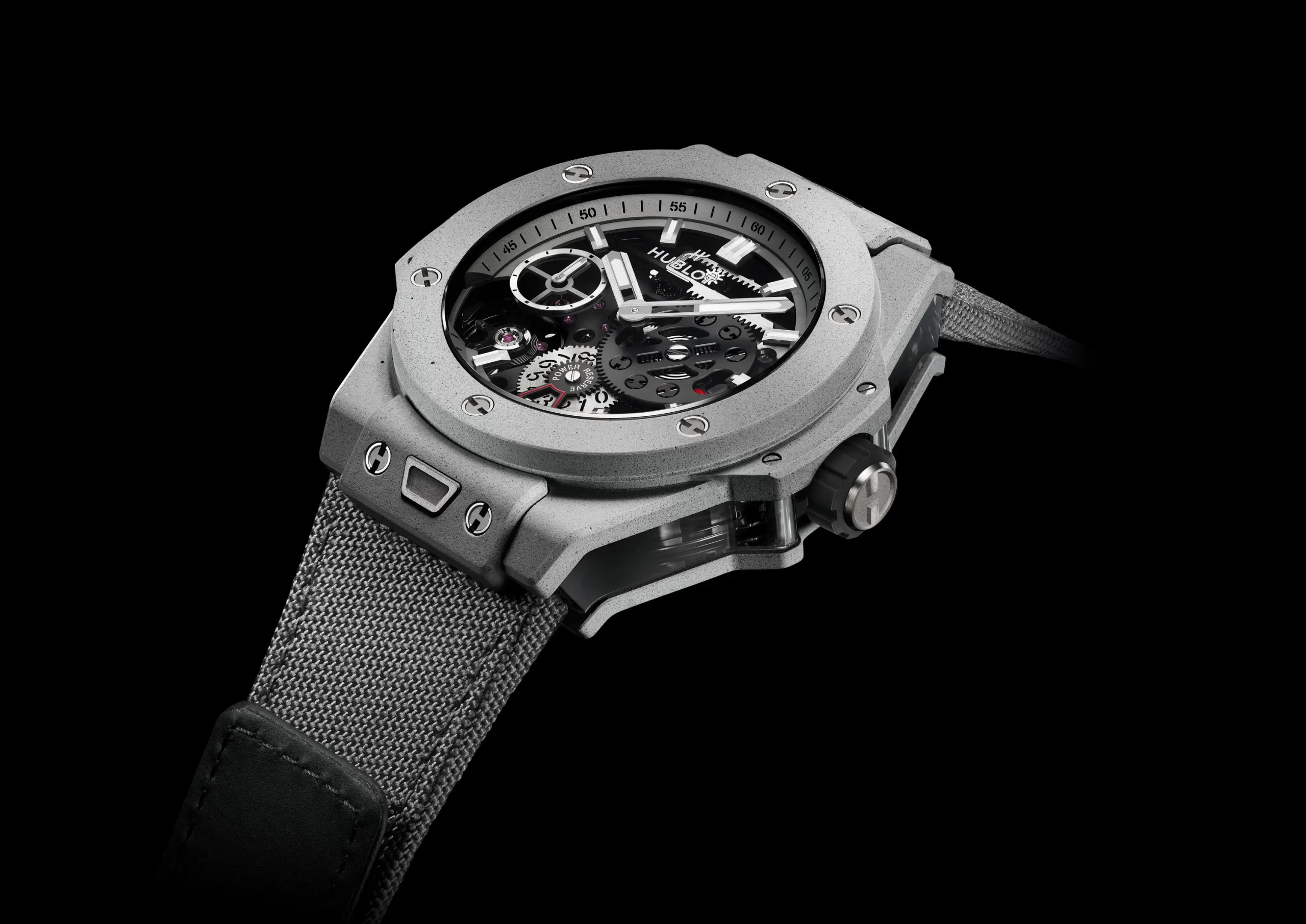 Side profile of the watch with concrete bezel and ceramic case
