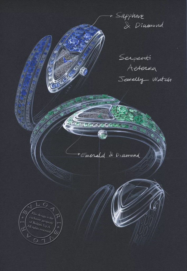 Bvlgari Serpenti Aeterna watch in emerald and diamond bangle bracelet design