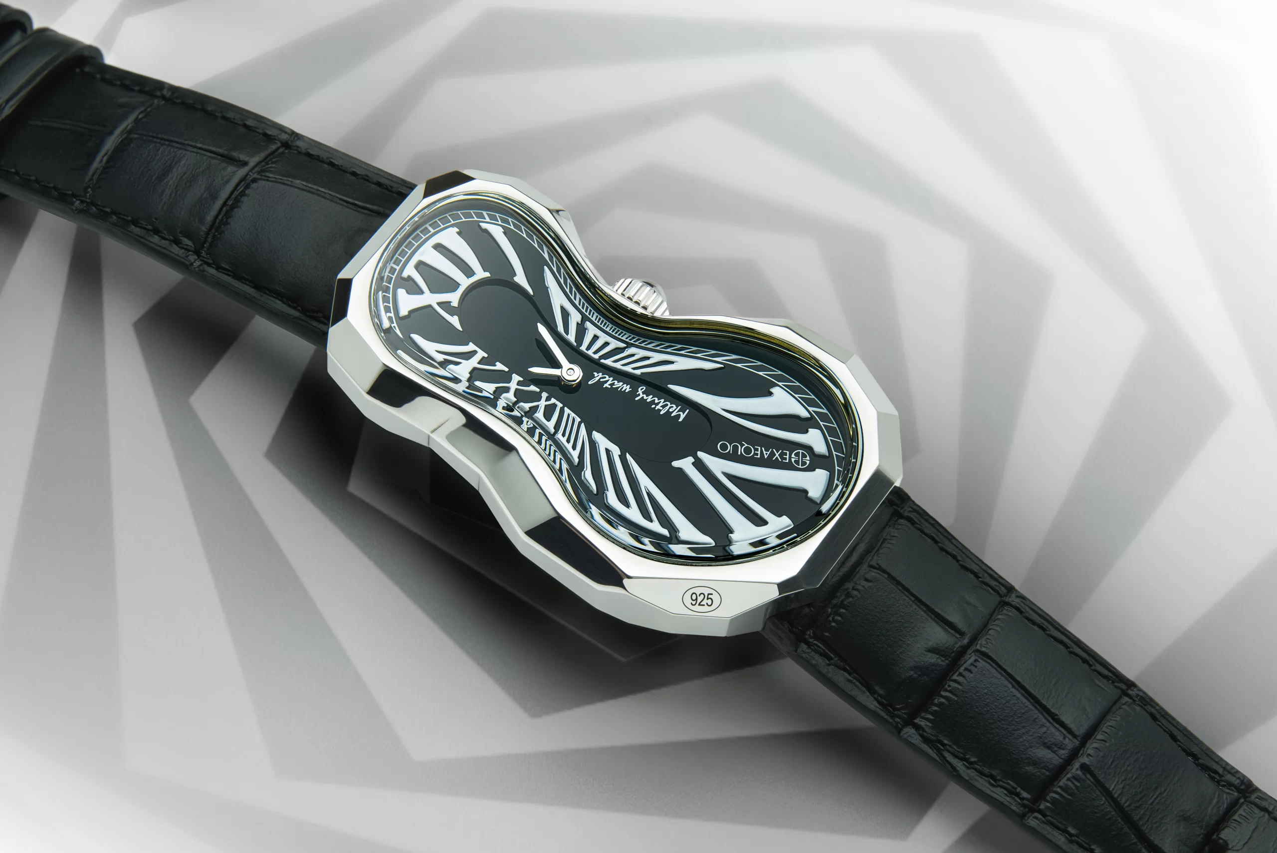 Polyhedron 62-facet surrealist timepiece front view