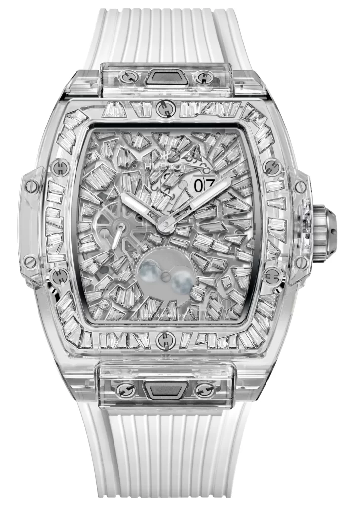 Hublot Spirit of Big Bang Impact Sapphire Jewellery featuring 145 fancy-cut diamonds and transparent sapphire case